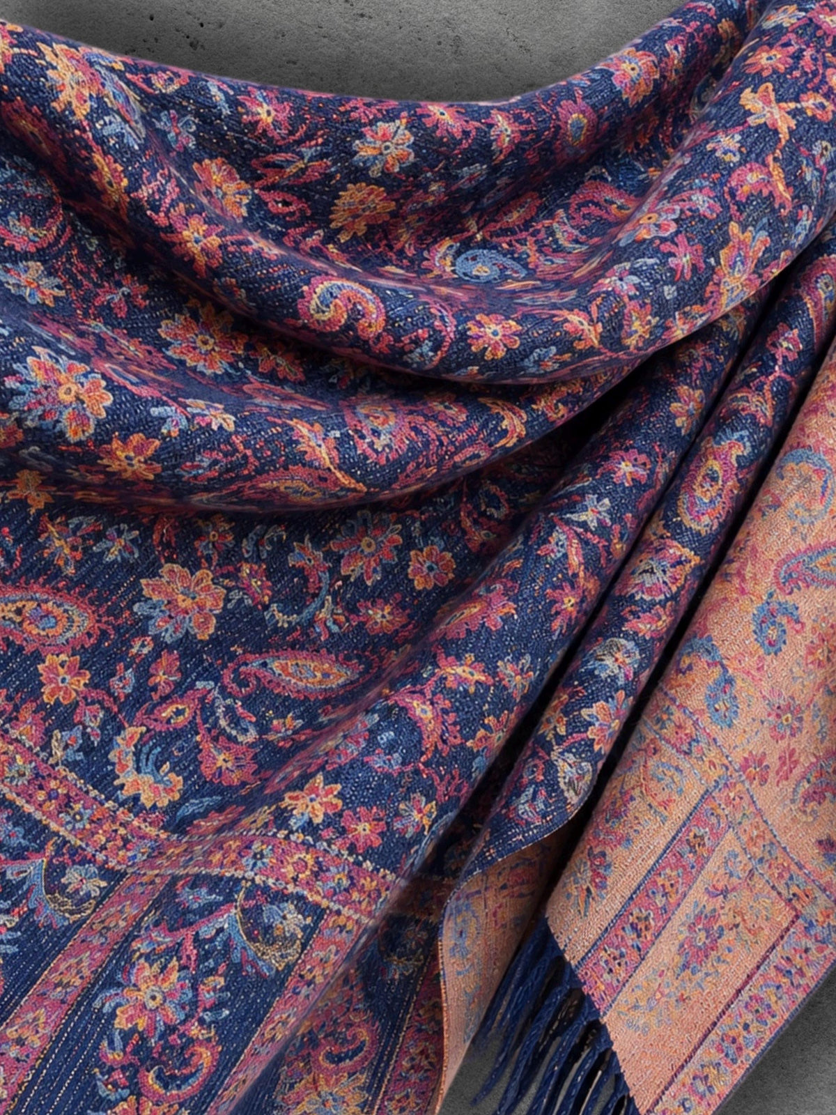 Navy Blue Bohemian Botanical Reversible Winter Scarf, Double Sided Floral Wrap, Soft Women’s Autumn Neck Shawl