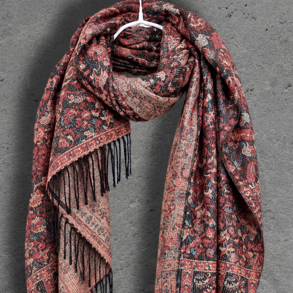 Black Rust Dark Heritage Floral Reversible Winter Scarf, Double Sided Tapestry Shawl, Soft Boho Women’s Neck Wrap