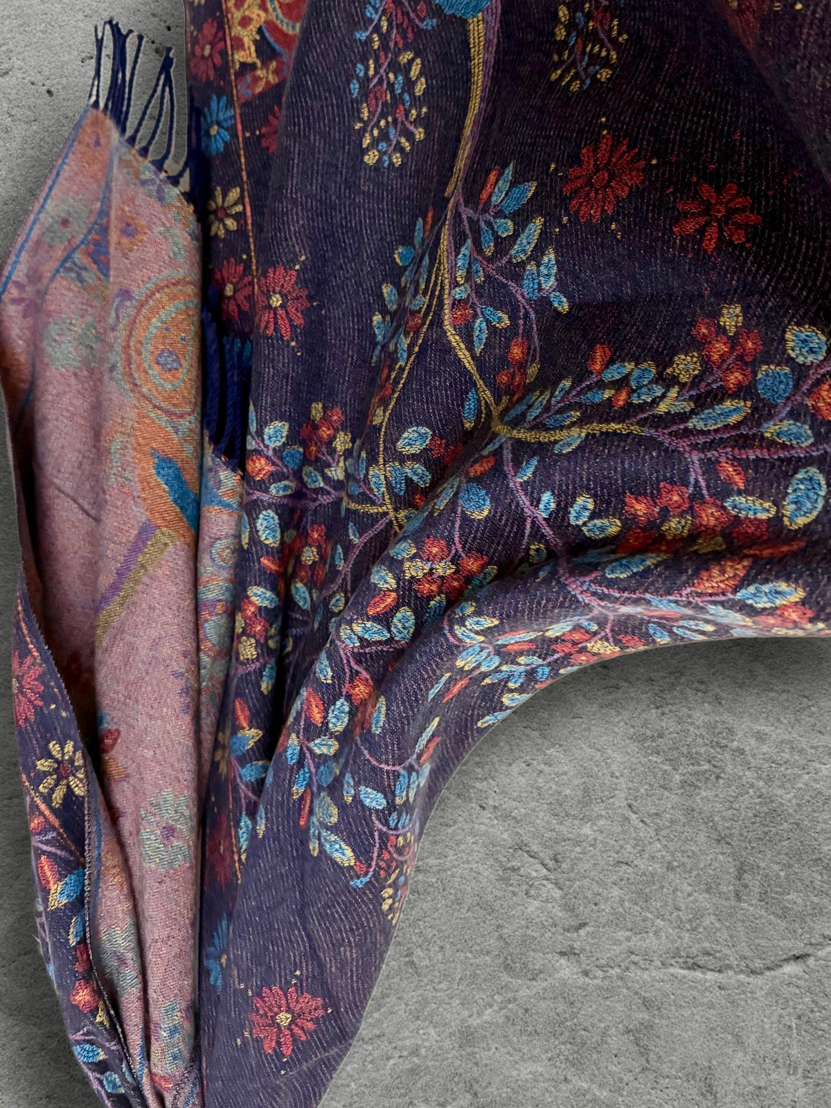 Purple Blue Reversible Bohemian Winter Scarf, Featuring Tree and Floral Patterns, Soft Cozy Wrap for Women, Thoughtful Gift for Her