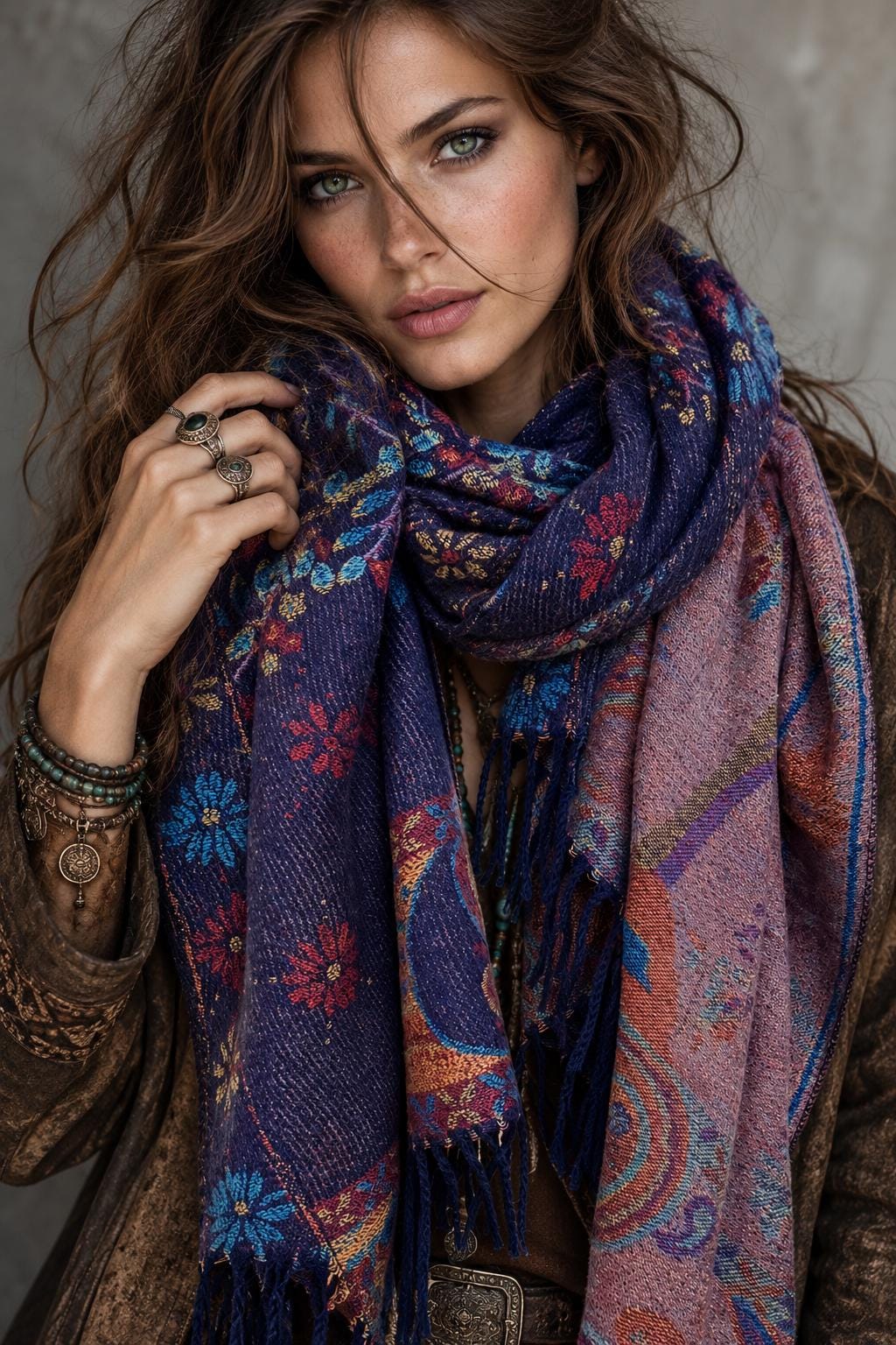 Purple Blue Reversible Bohemian Winter Scarf, Featuring Tree and Floral Patterns, Soft Cozy Wrap for Women, Thoughtful Gift for Her