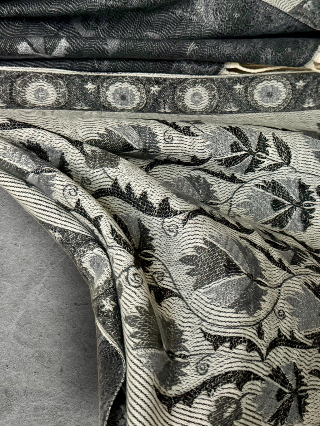 Reversible Grey Winter Scarf, Ivory Floral Bohemian Shawl, Monochrome Ultra Soft Women Wrap, Warm Gift for Her