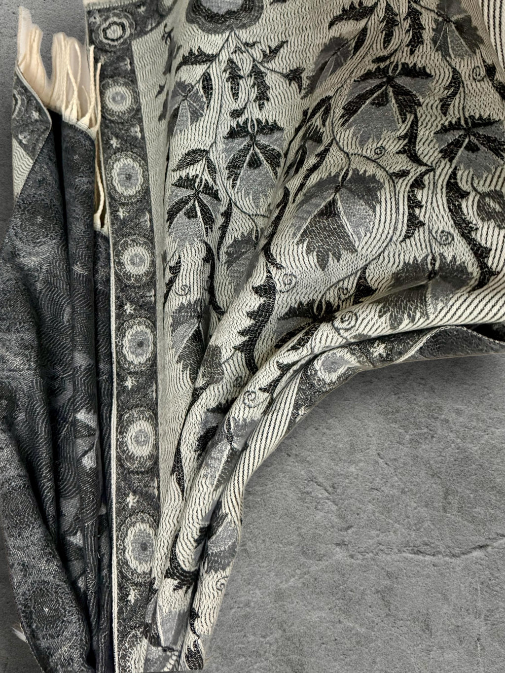 Reversible Grey Winter Scarf, Ivory Floral Bohemian Shawl, Monochrome Ultra Soft Women Wrap, Warm Gift for Her