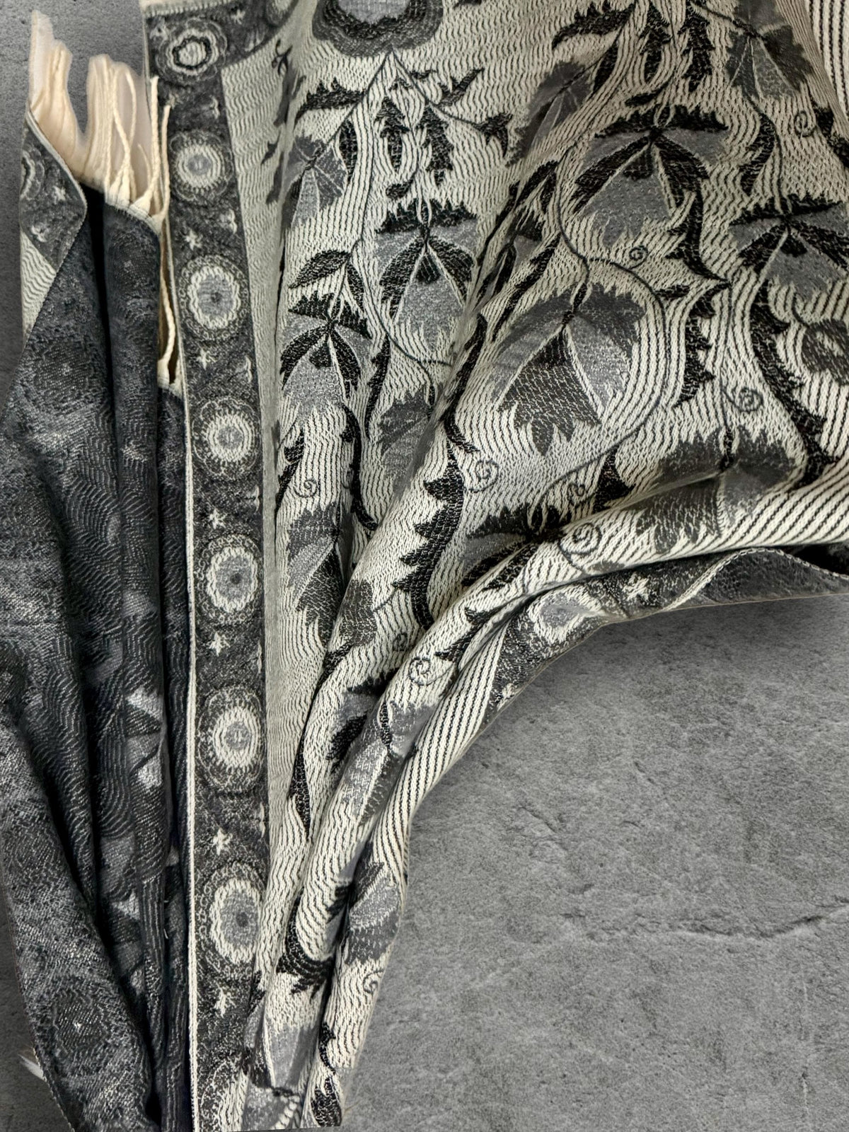 Reversible Grey Winter Scarf, Ivory Floral Bohemian Shawl, Monochrome Ultra Soft Women Wrap, Warm Gift for Her