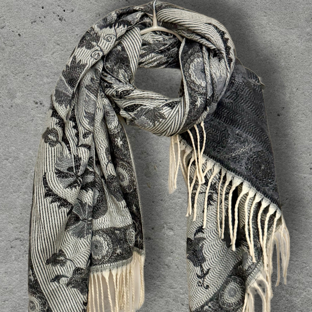 Reversible Grey Winter Scarf, Ivory Floral Bohemian Shawl, Monochrome Ultra Soft Women Wrap, Warm Gift for Her