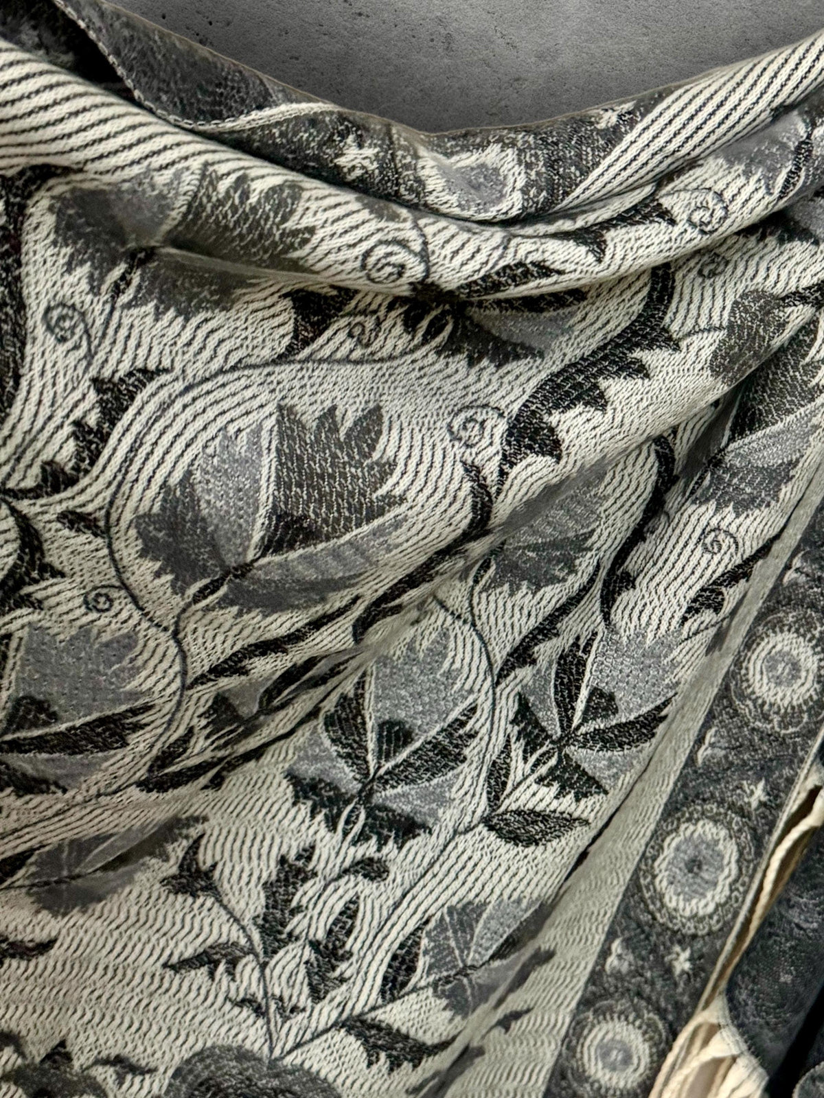 Reversible Grey Winter Scarf, Ivory Floral Bohemian Shawl, Monochrome Ultra Soft Women Wrap, Warm Gift for Her