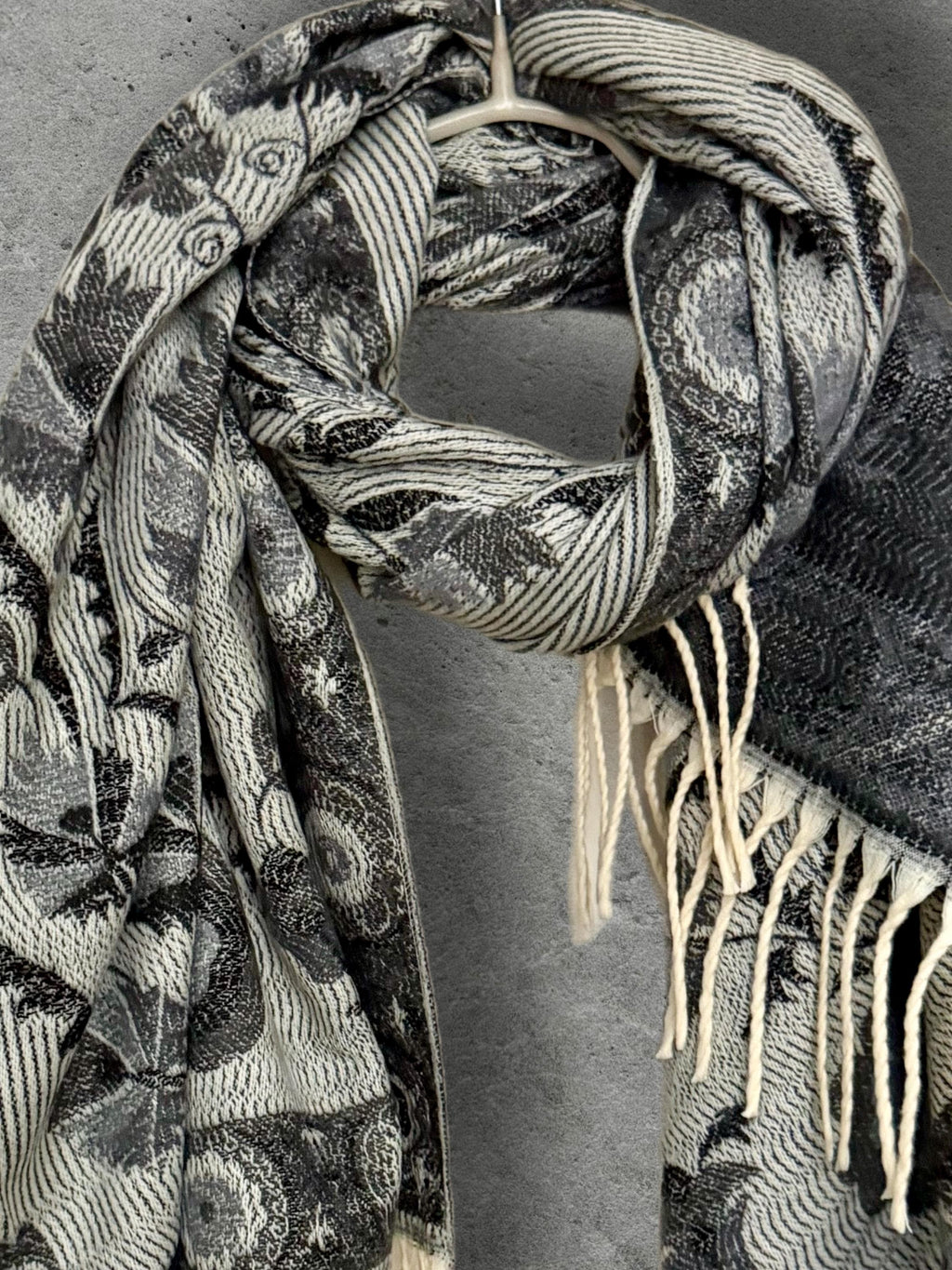 Reversible Grey Winter Scarf, Ivory Floral Bohemian Shawl, Monochrome Ultra Soft Women Wrap, Warm Gift for Her