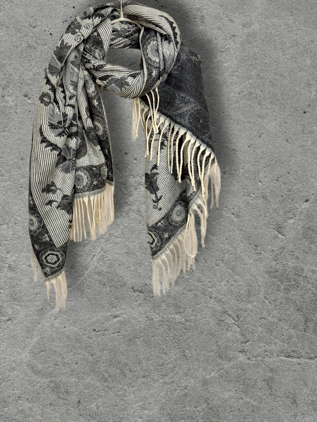 Reversible Grey Winter Scarf, Ivory Floral Bohemian Shawl, Monochrome Ultra Soft Women Wrap, Warm Gift for Her