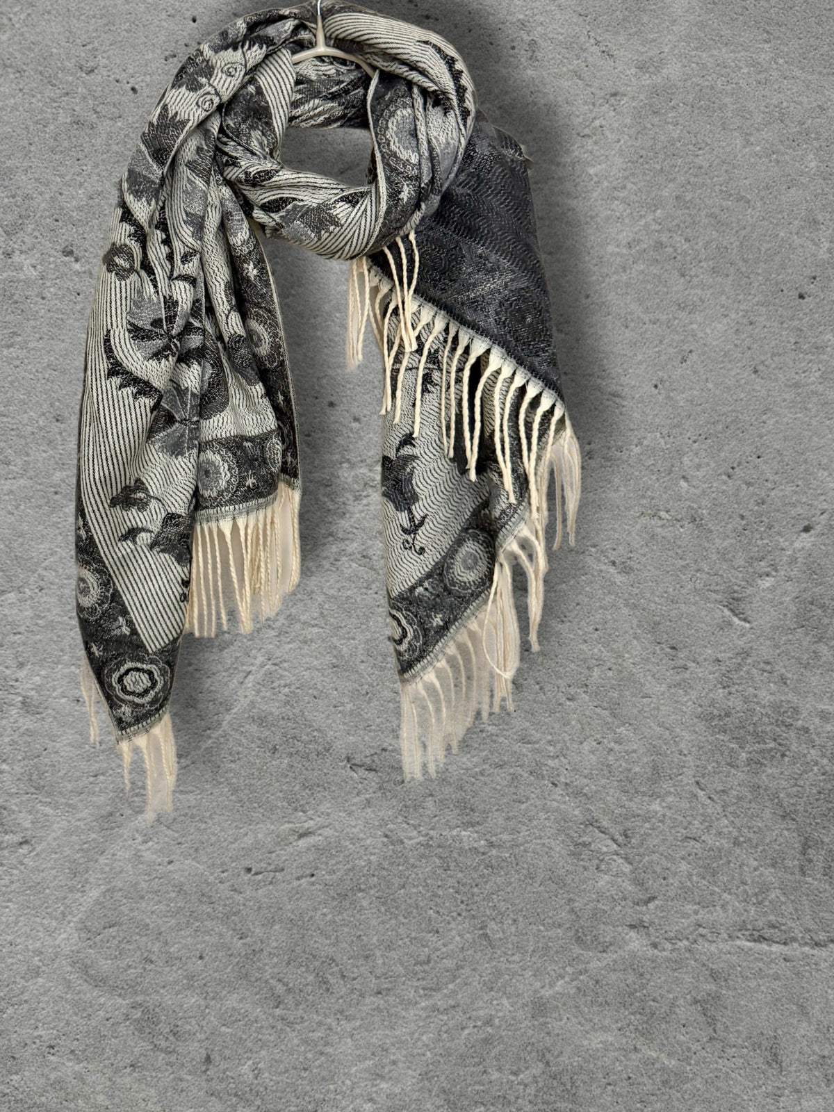 Reversible Grey Winter Scarf, Ivory Floral Bohemian Shawl, Monochrome Ultra Soft Women Wrap, Warm Gift for Her
