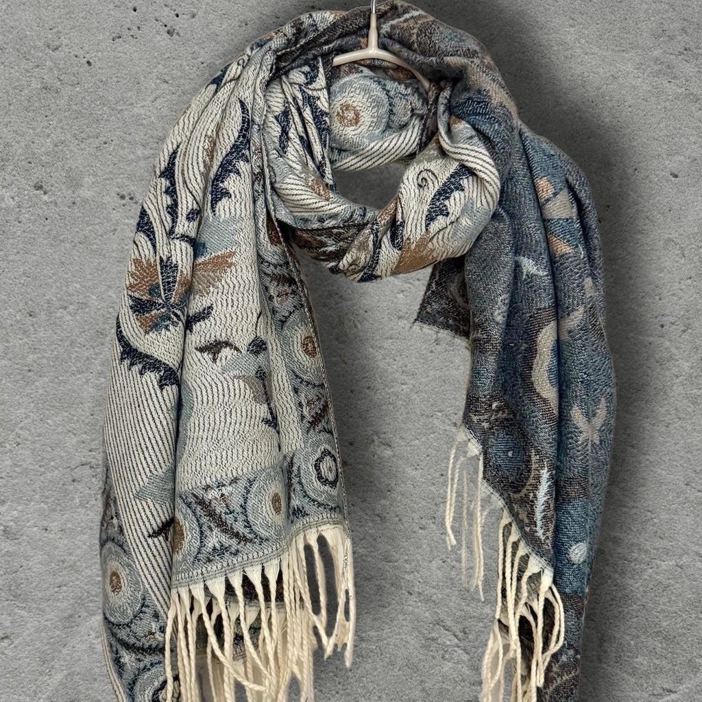 Beige Blue Taupe Floral Winter Scarf, Reversible Boho Shawl for Women, Ultra Soft Gold Weather Wrap, Warm Gift for Her