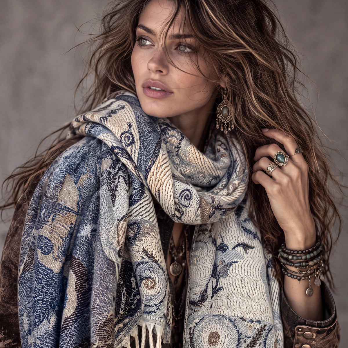 Beige Blue Taupe Floral Winter Scarf, Reversible Boho Shawl for Women, Ultra Soft Gold Weather Wrap, Warm Gift for Her
