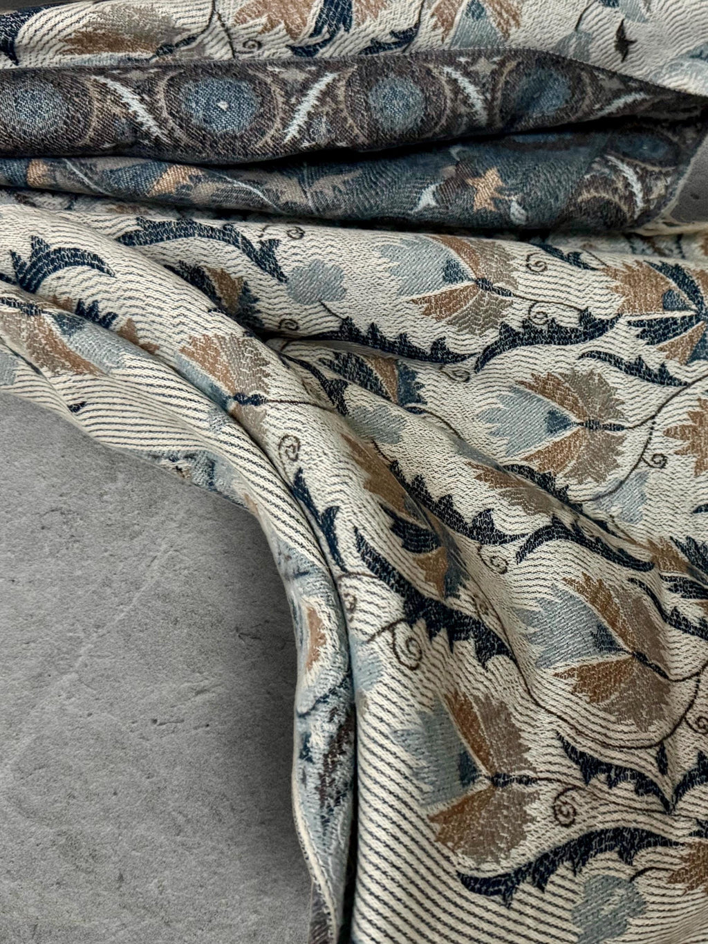 Beige Blue Taupe Floral Winter Scarf, Reversible Boho Shawl for Women, Ultra Soft Gold Weather Wrap, Warm Gift for Her