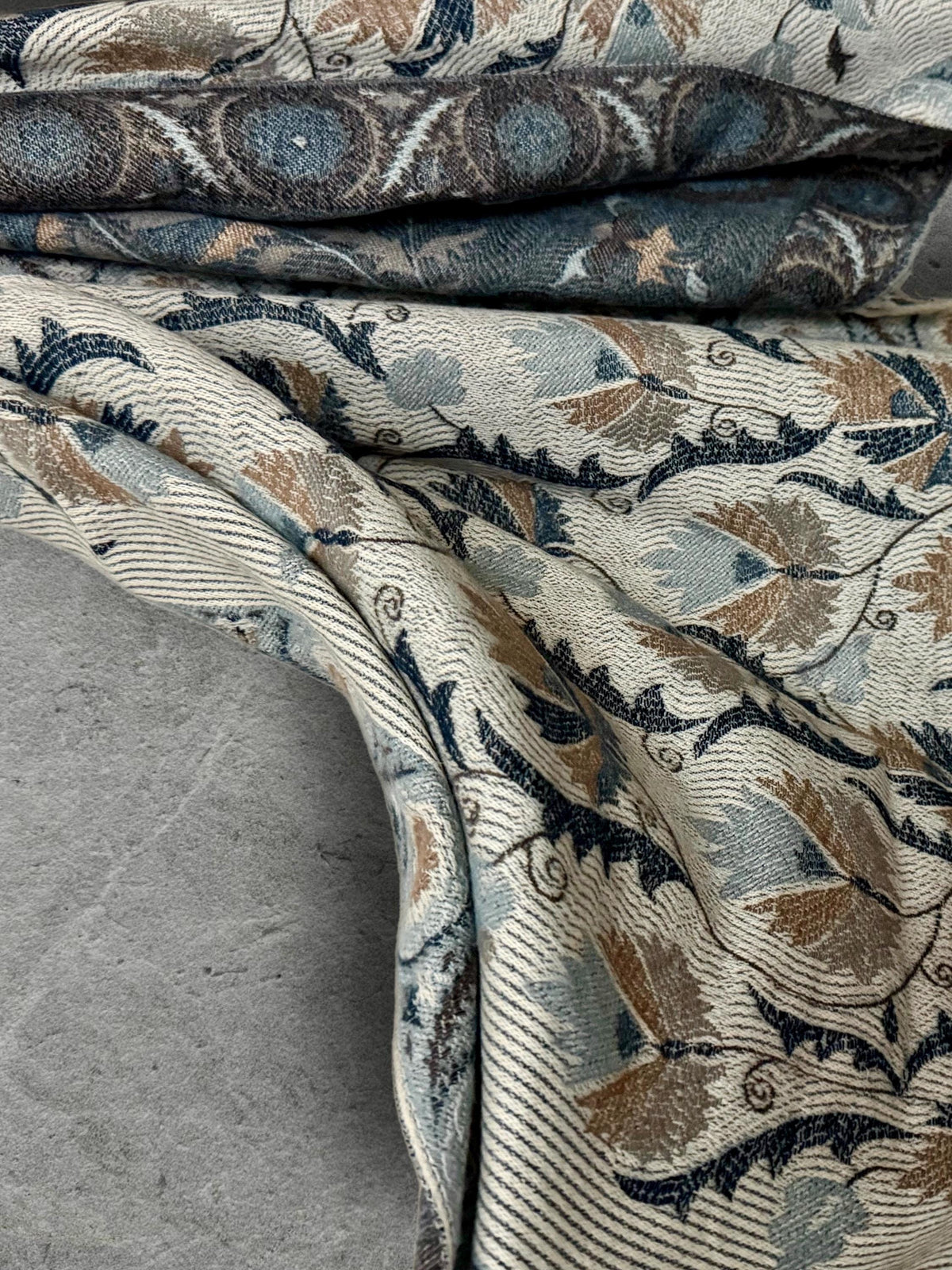 Beige Blue Taupe Floral Winter Scarf, Reversible Boho Shawl for Women, Ultra Soft Gold Weather Wrap, Warm Gift for Her