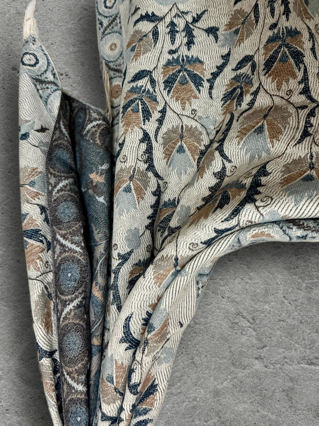 Beige Blue Taupe Floral Winter Scarf, Reversible Boho Shawl for Women, Ultra Soft Gold Weather Wrap, Warm Gift for Her