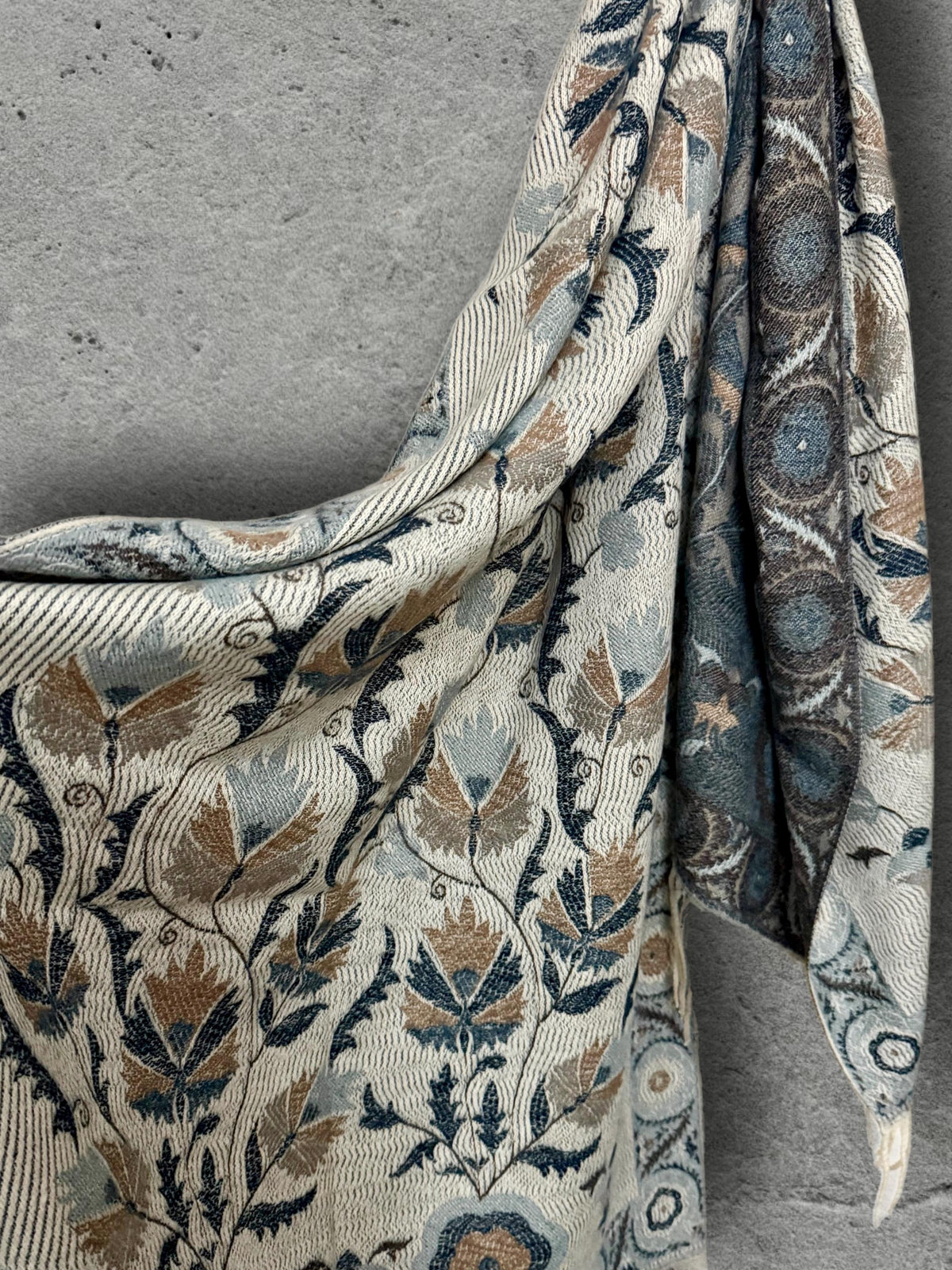 Beige Blue Taupe Floral Winter Scarf, Reversible Boho Shawl for Women, Ultra Soft Gold Weather Wrap, Warm Gift for Her