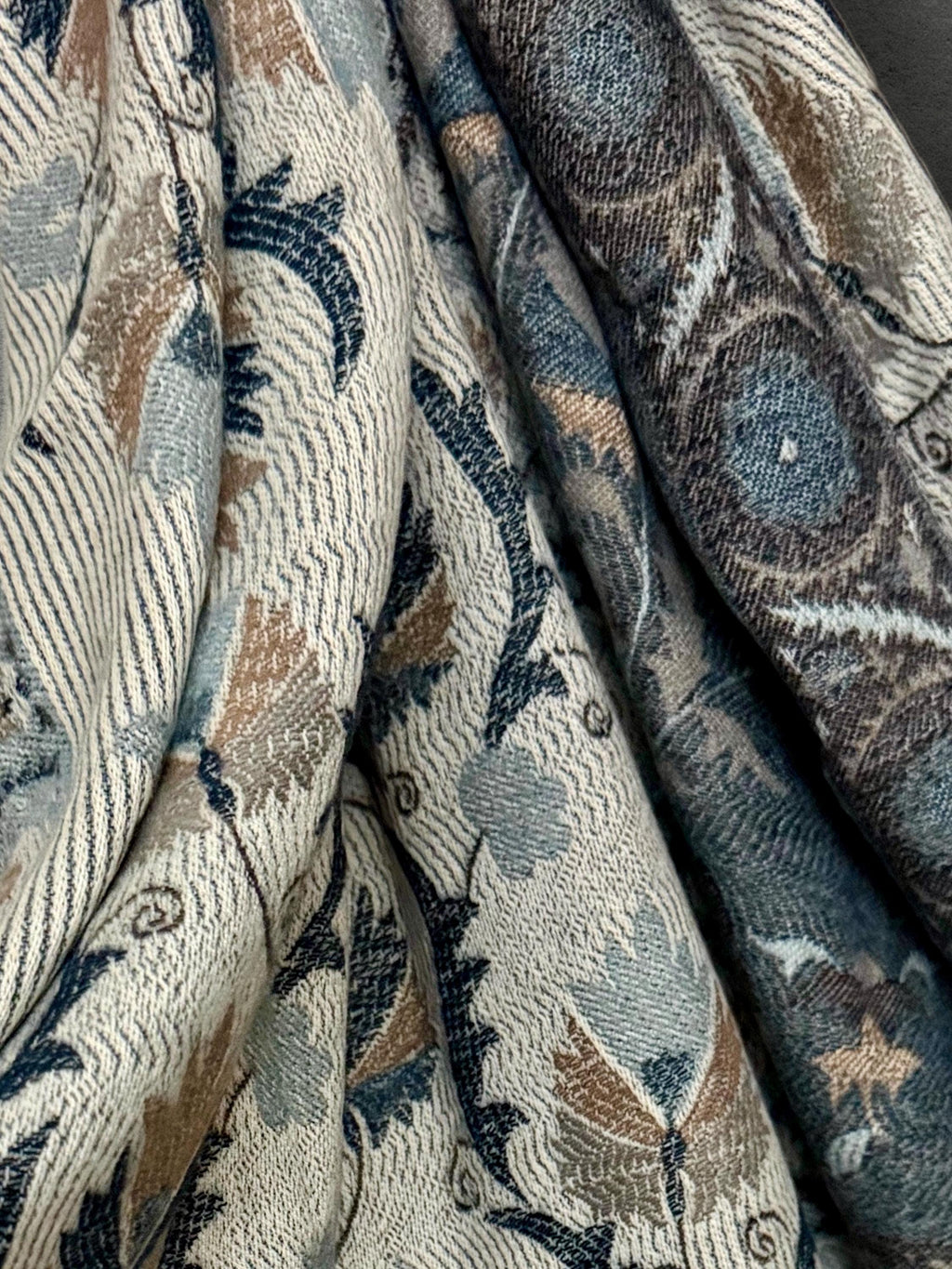 Beige Blue Taupe Floral Winter Scarf, Reversible Boho Shawl for Women, Ultra Soft Gold Weather Wrap, Warm Gift for Her