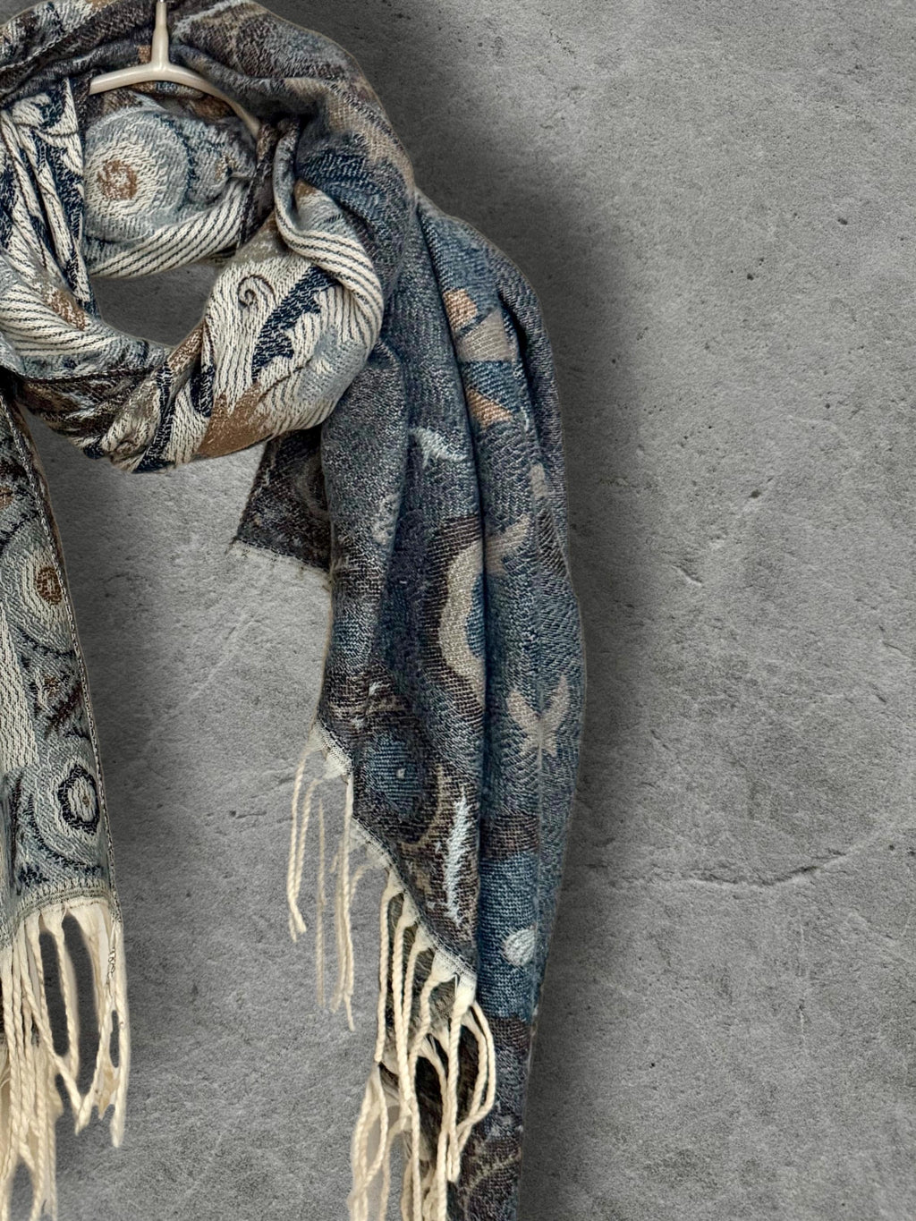 Beige Blue Taupe Floral Winter Scarf, Reversible Boho Shawl for Women, Ultra Soft Gold Weather Wrap, Warm Gift for Her