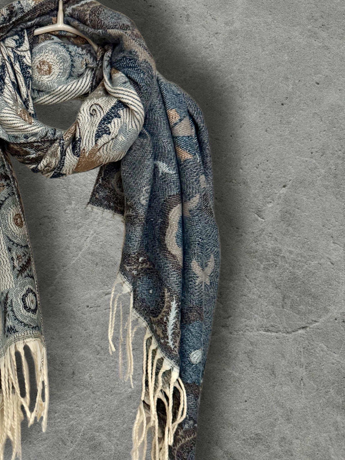 Beige Blue Taupe Floral Winter Scarf, Reversible Boho Shawl for Women, Ultra Soft Gold Weather Wrap, Warm Gift for Her