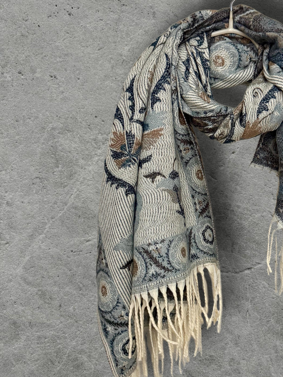 Beige Blue Taupe Floral Winter Scarf, Reversible Boho Shawl for Women, Ultra Soft Gold Weather Wrap, Warm Gift for Her