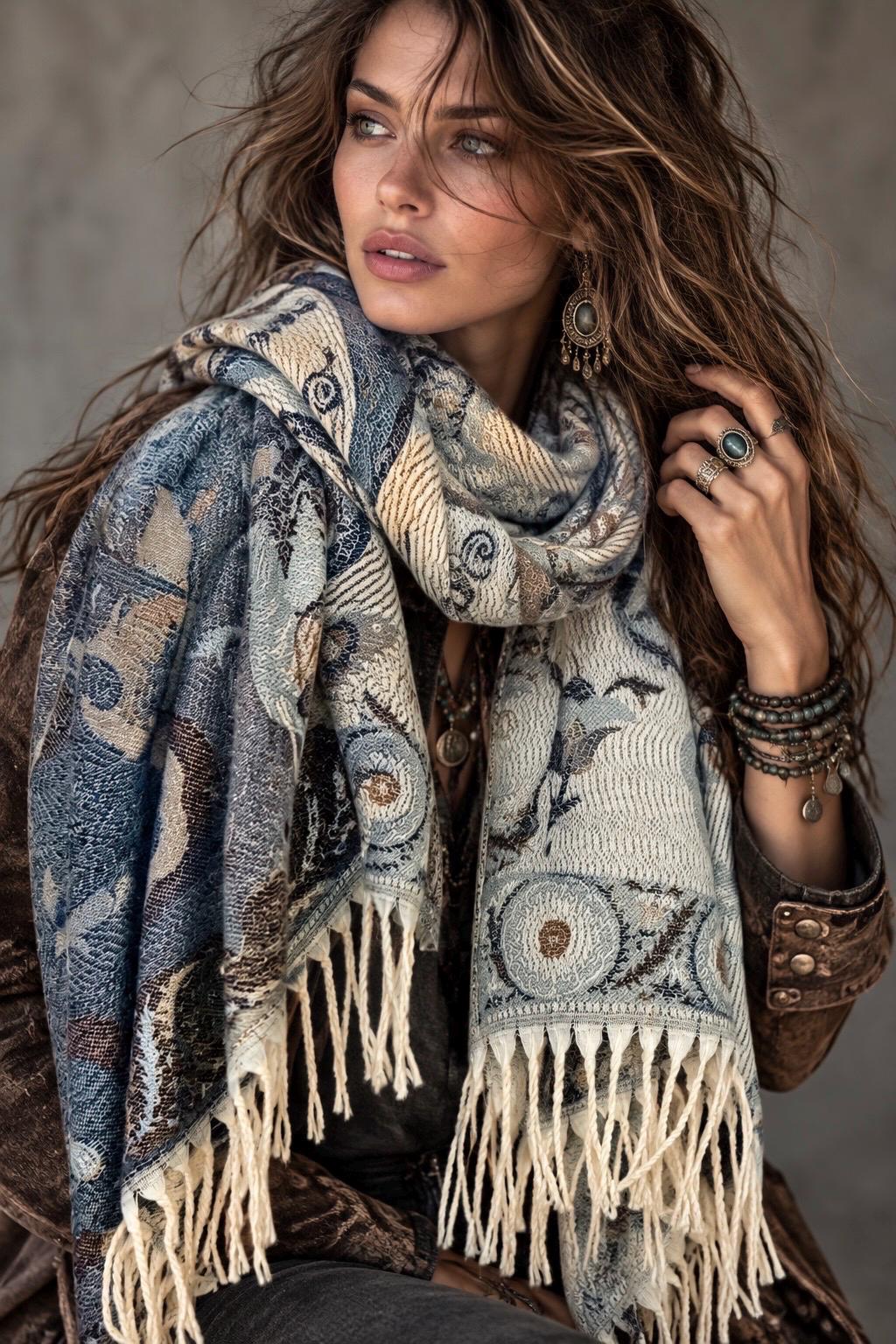 Beige Blue Taupe Floral Winter Scarf, Reversible Boho Shawl for Women, Ultra Soft Gold Weather Wrap, Warm Gift for Her