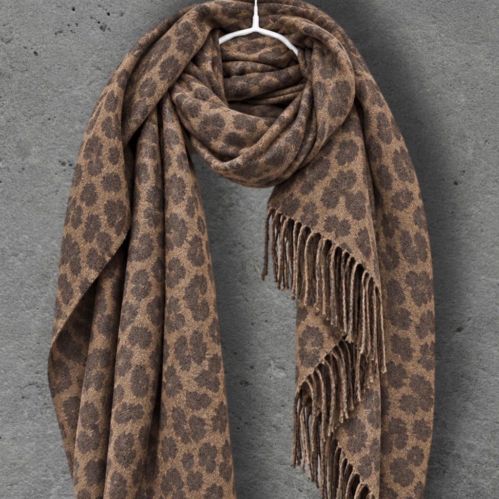 Brown Leopard Winter Scarf, Mocha Animal Print Wrap, Soft Brushed Shawl, Warm Womens Neck Accessory, Boho Gift For Her