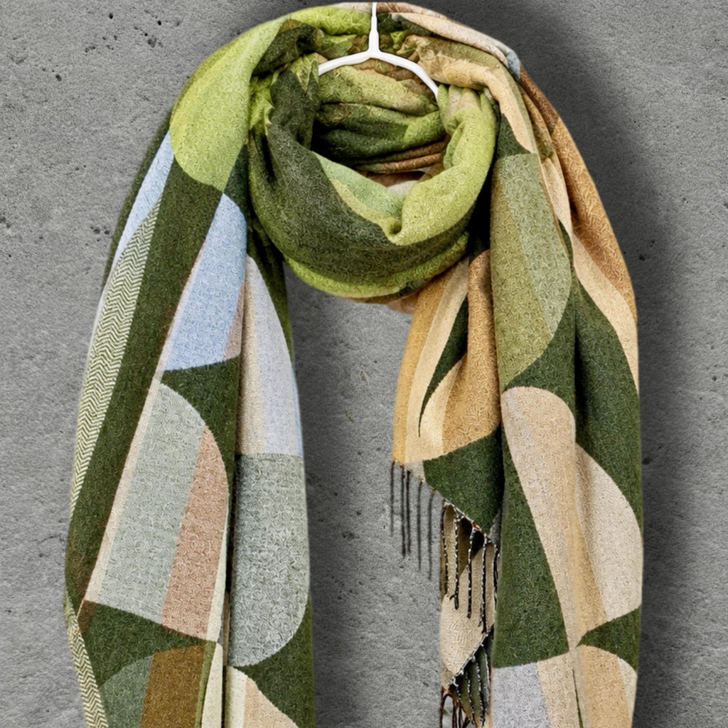 Olive Green Retro Geometric Winter Scarf, Mid Century Abstract Shapes Wrap, Moss Women Neckwear, Modern Colour Block Accessory