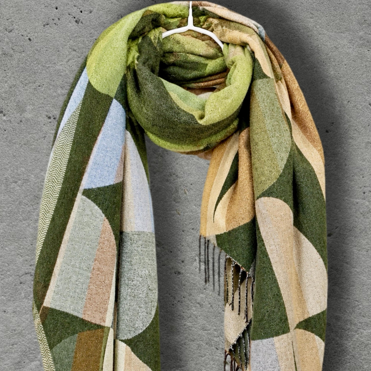 Olive Green Retro Geometric Winter Scarf, Mid Century Abstract Shapes Wrap, Moss Women Neckwear, Modern Colour Block Accessory