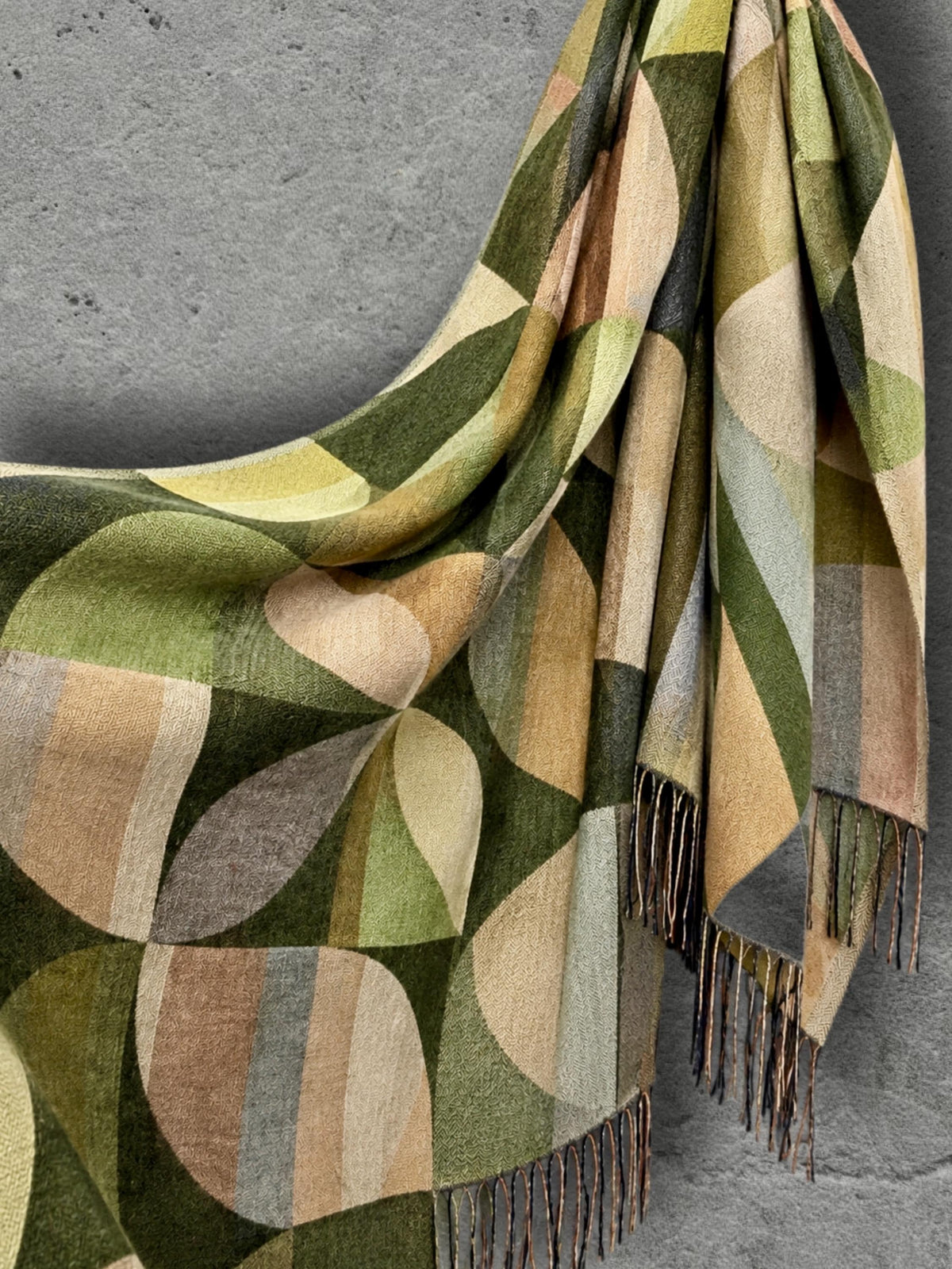 Olive Green Retro Geometric Winter Scarf, Mid Century Abstract Shapes Wrap, Moss Women Neckwear, Modern Colour Block Accessory
