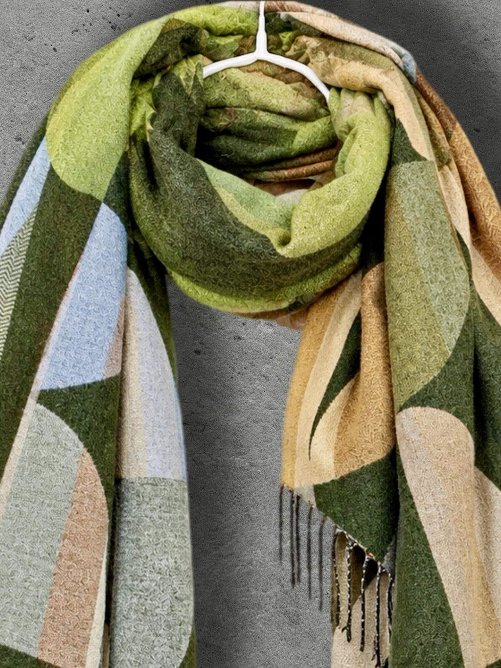 Olive Green Retro Geometric Winter Scarf, Mid Century Abstract Shapes Wrap, Moss Women Neckwear, Modern Colour Block Accessory