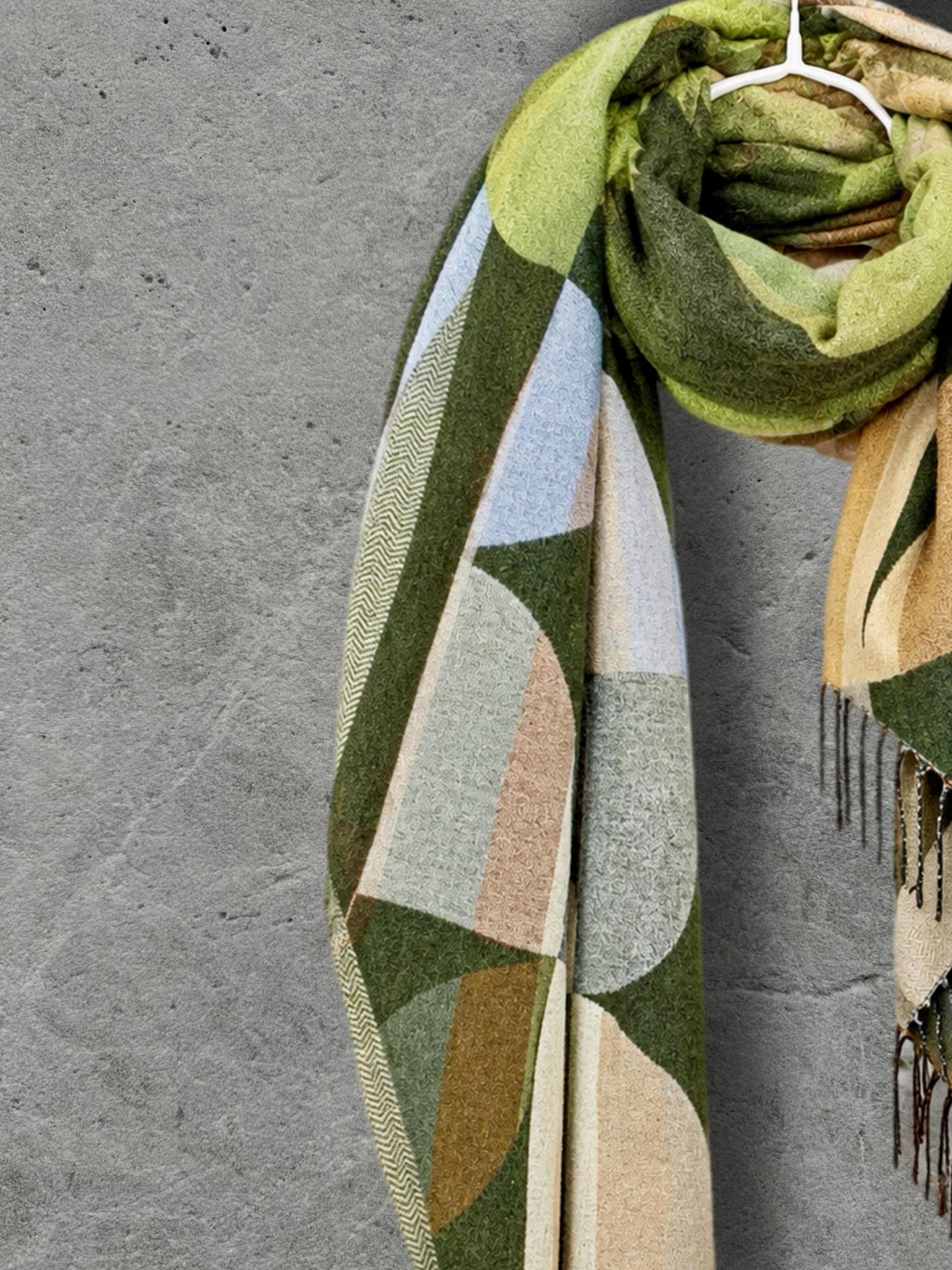 Olive Green Retro Geometric Winter Scarf, Mid Century Abstract Shapes Wrap, Moss Women Neckwear, Modern Colour Block Accessory