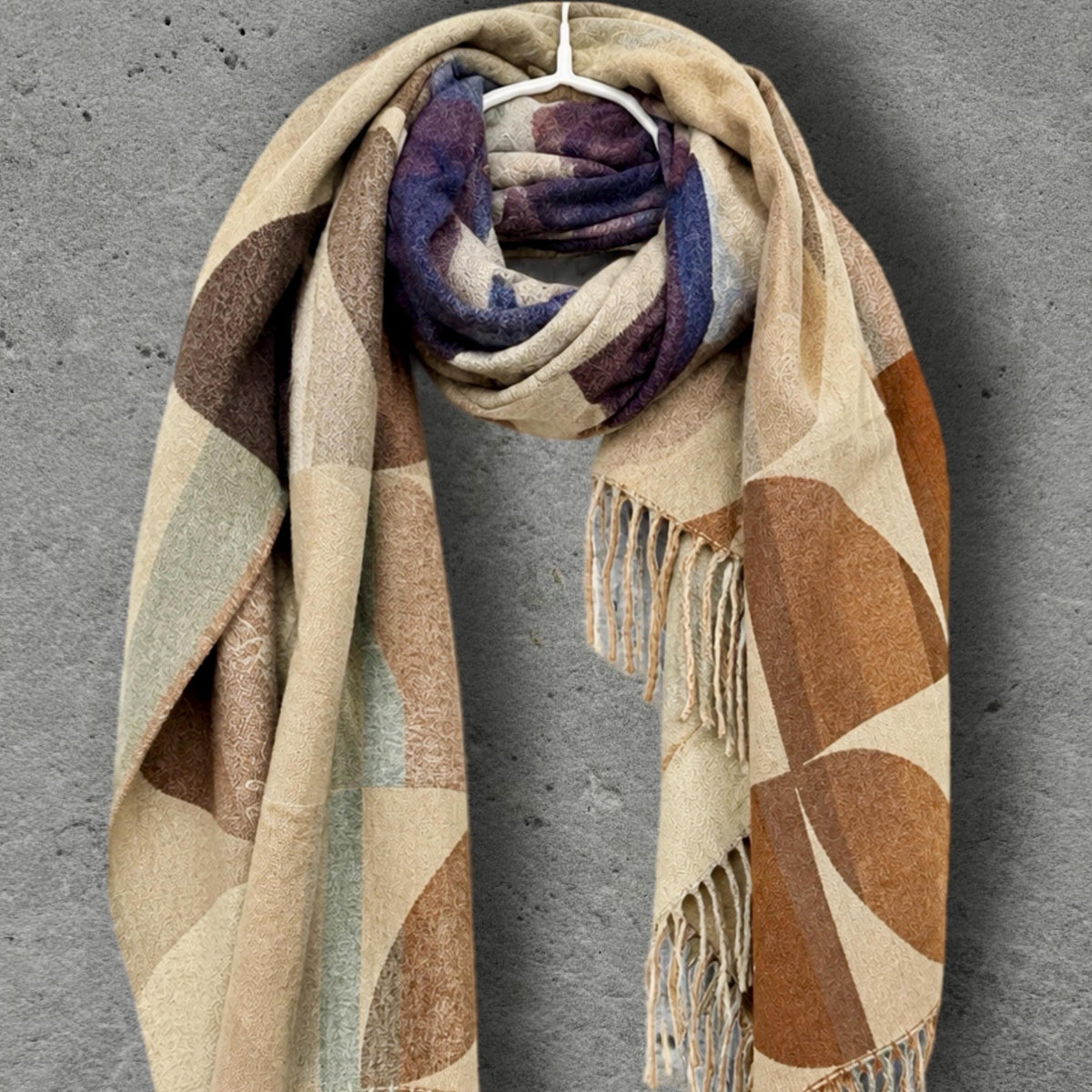 Beige Blue Retro Modernist Winter Scarf, Arc Mosaic Design Wrap, Cozy Shawl for Women, Thoughtful Gifts for Her
