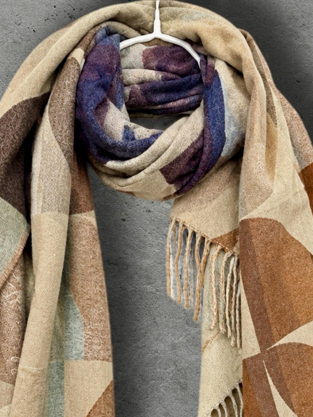 Beige Blue Retro Modernist Winter Scarf, Arc Mosaic Design Wrap, Cozy Shawl for Women, Thoughtful Gifts for Her