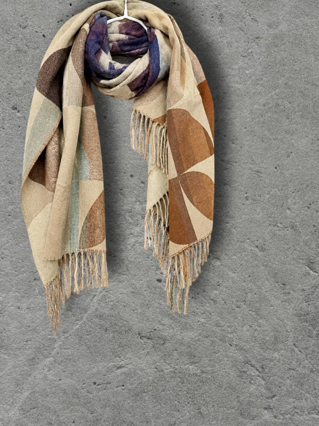 Beige Blue Retro Modernist Winter Scarf, Arc Mosaic Design Wrap, Cozy Shawl for Women, Thoughtful Gifts for Her