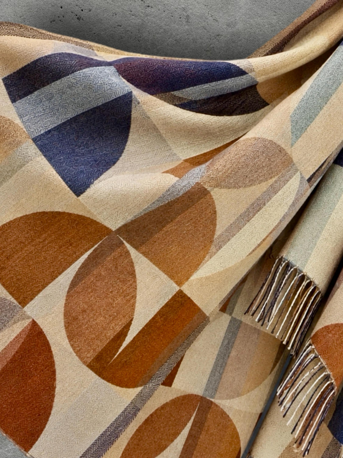 Beige Blue Retro Modernist Winter Scarf, Arc Mosaic Design Wrap, Cozy Shawl for Women, Thoughtful Gifts for Her