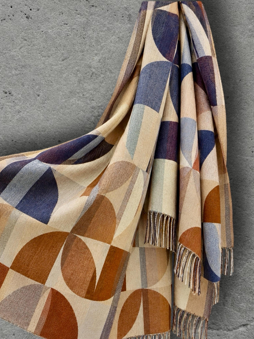 Beige Blue Retro Modernist Winter Scarf, Arc Mosaic Design Wrap, Cozy Shawl for Women, Thoughtful Gifts for Her