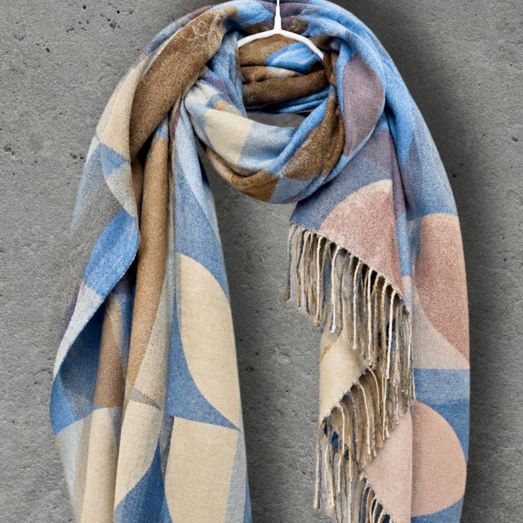 Light Blue Nordic Curved Blocks Pattern Winter Scarf, Reversible Warm Wrap for Women, Ultra Soft Cozy Shawl, Thoughtful Gifts for Her