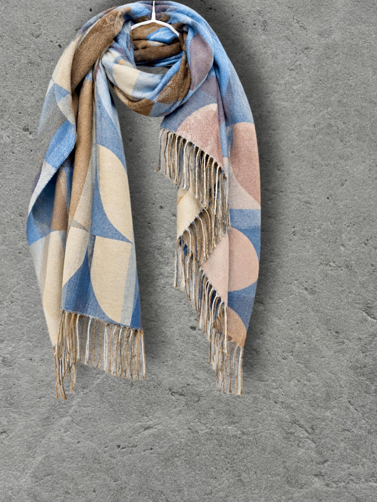 Light Blue Nordic Curved Blocks Pattern Winter Scarf, Reversible Warm Wrap for Women, Ultra Soft Cozy Shawl, Thoughtful Gifts for Her