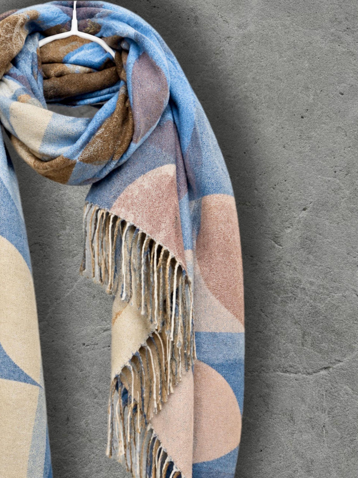Light Blue Nordic Curved Blocks Pattern Winter Scarf, Reversible Warm Wrap for Women, Ultra Soft Cozy Shawl, Thoughtful Gifts for Her