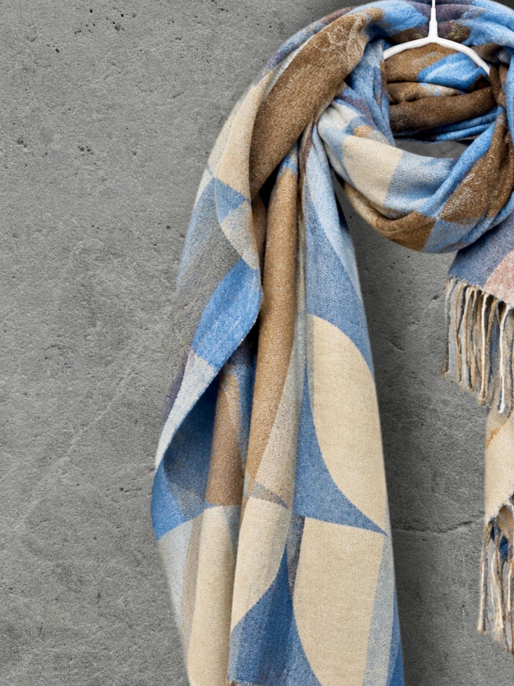 Light Blue Nordic Curved Blocks Pattern Winter Scarf, Reversible Warm Wrap for Women, Ultra Soft Cozy Shawl, Thoughtful Gifts for Her