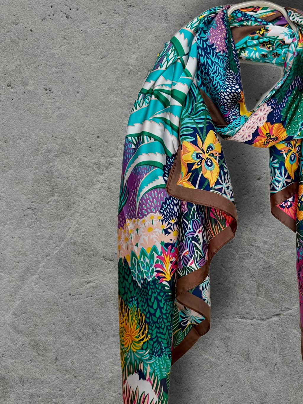 Turquoise Zebra Print Scarf, Colourful Tropical Floral Wrap with Brown Border