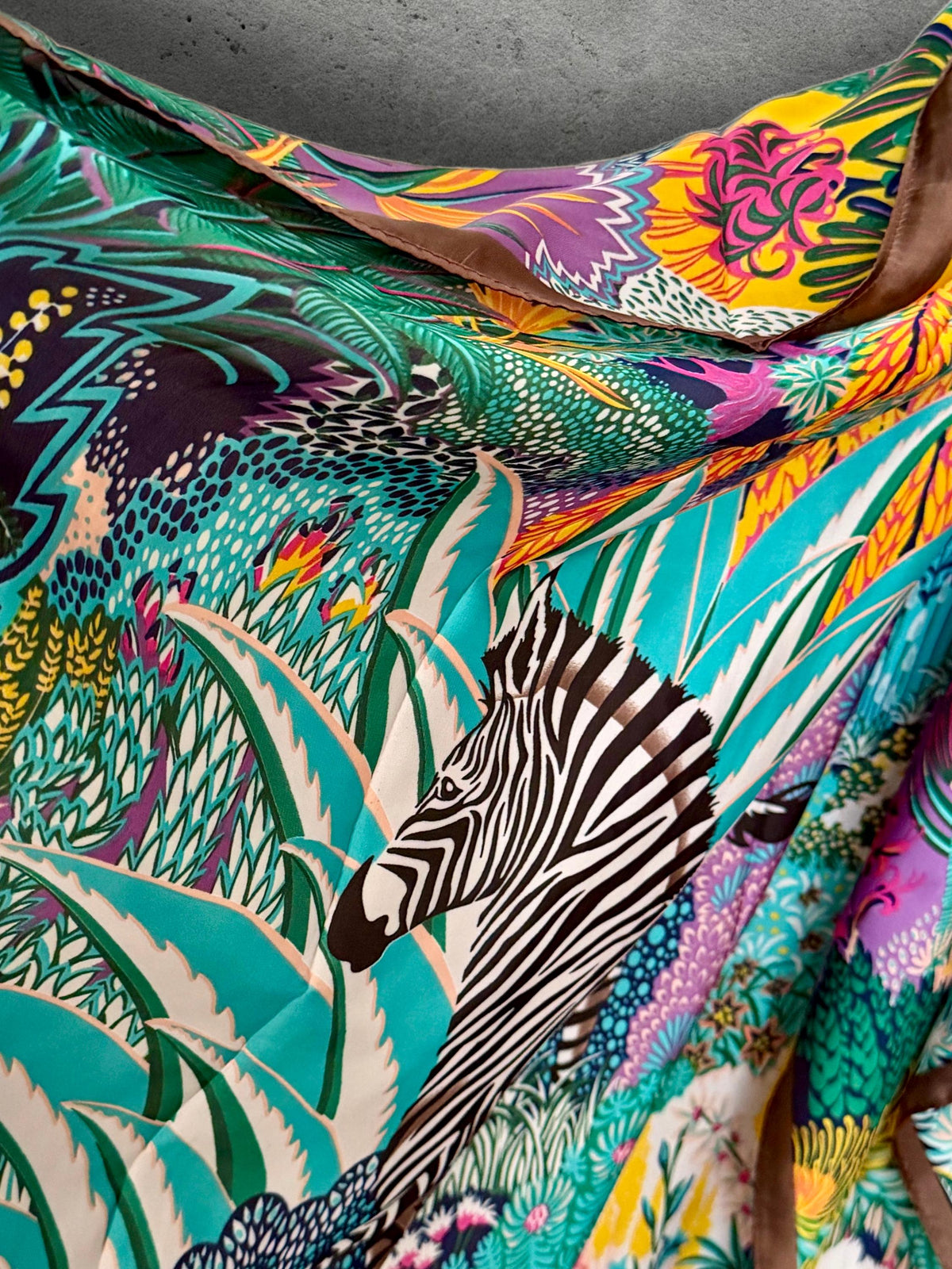 Turquoise Zebra Print Scarf, Colourful Tropical Floral Wrap with Brown Border