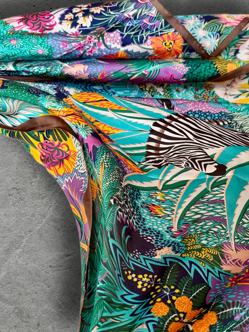 Turquoise Zebra Print Scarf, Colourful Tropical Floral Wrap with Brown Border