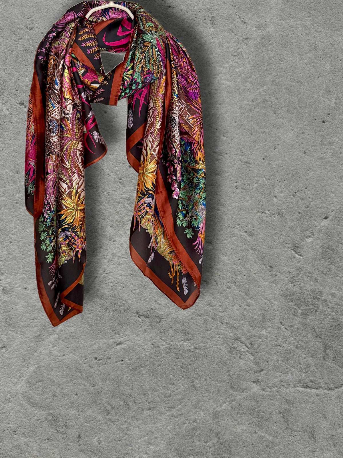Pink and Brown Botanical Scarf, Ornate Garden Print Wrap with Rust Border