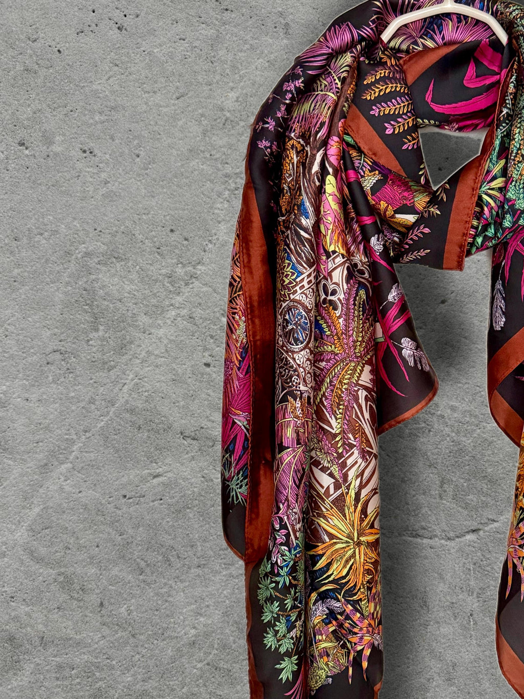Pink and Brown Botanical Scarf, Ornate Garden Print Wrap with Rust Border