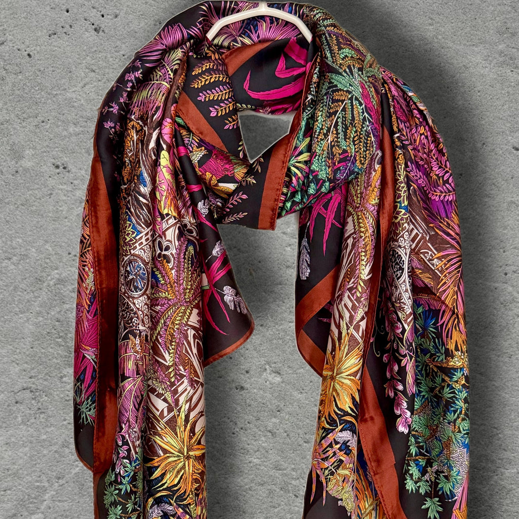 Pink and Brown Botanical Scarf, Ornate Garden Print Wrap with Rust Border