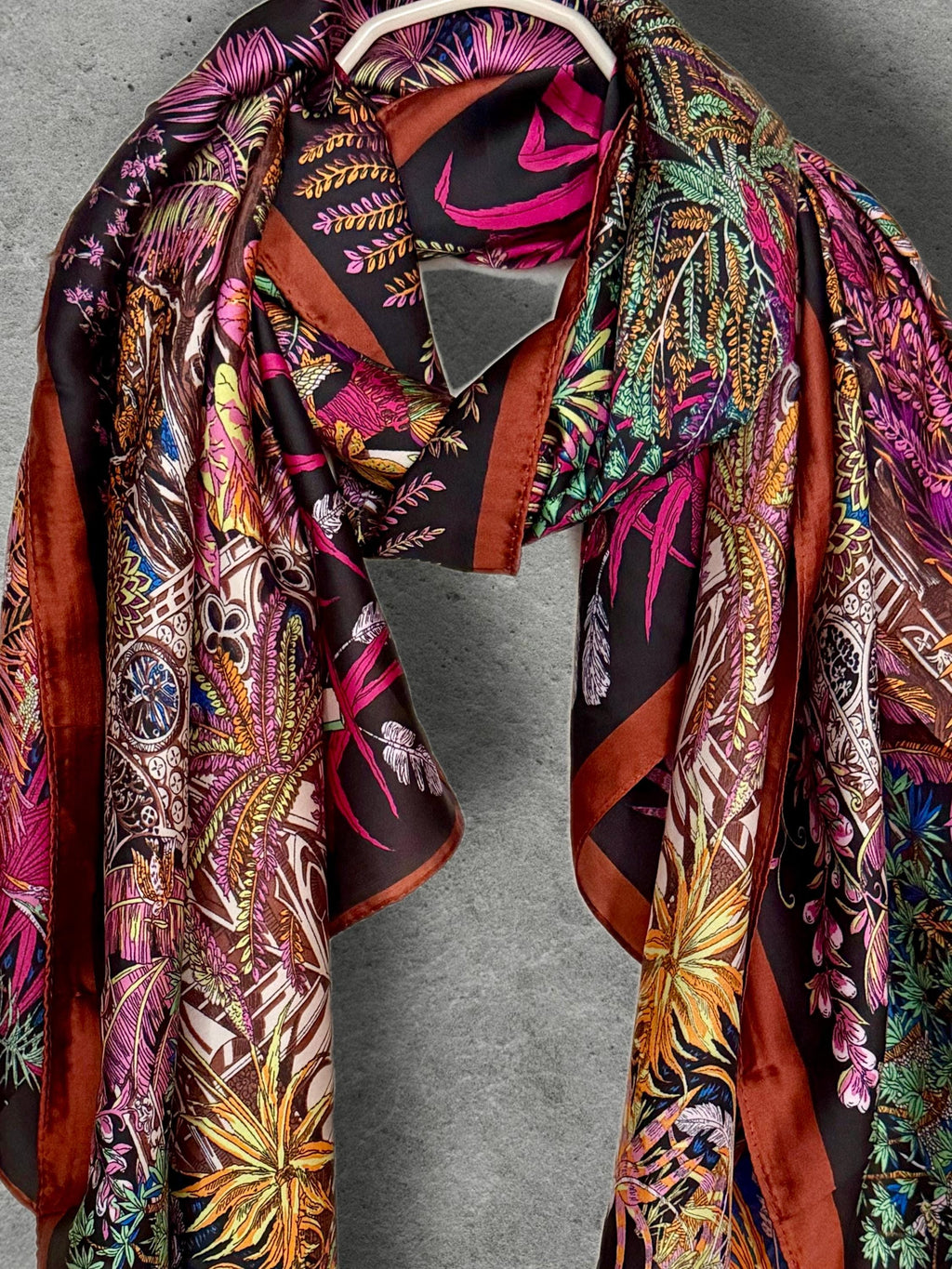 Pink and Brown Botanical Scarf, Ornate Garden Print Wrap with Rust Border