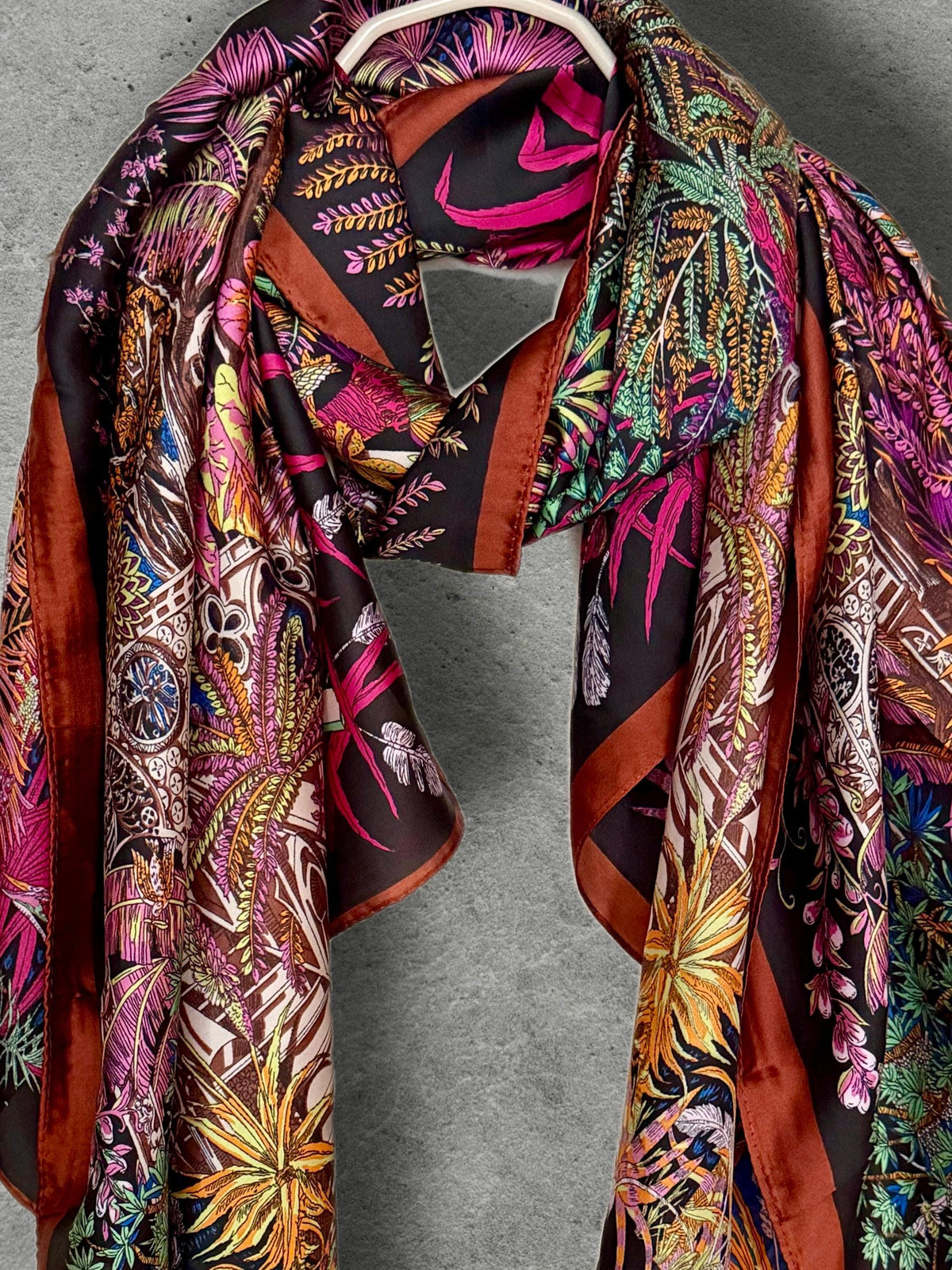 Pink and Brown Botanical Scarf, Ornate Garden Print Wrap with Rust Border