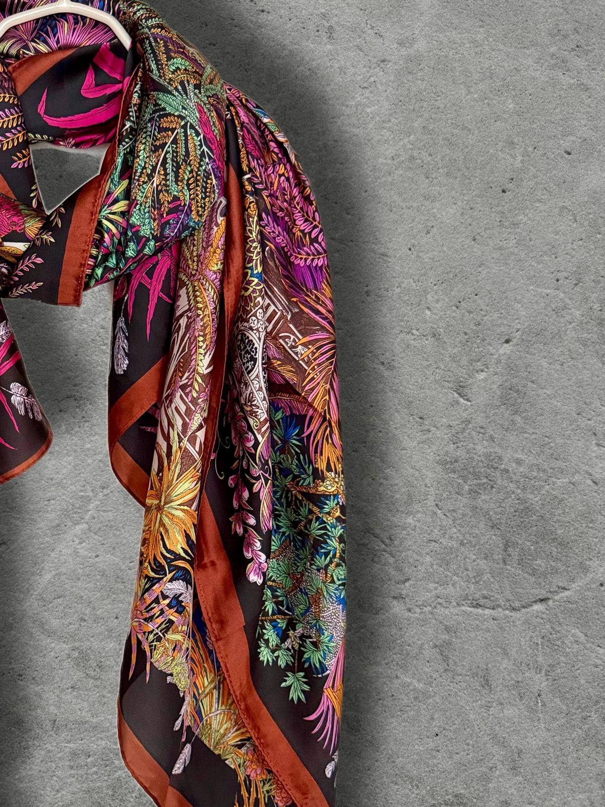 Pink and Brown Botanical Scarf, Ornate Garden Print Wrap with Rust Border