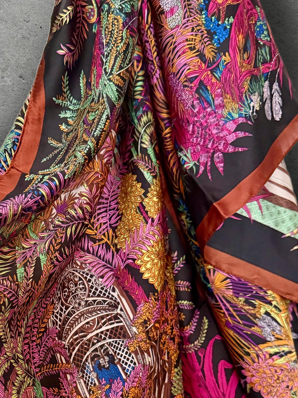 Pink and Brown Botanical Scarf, Ornate Garden Print Wrap with Rust Border