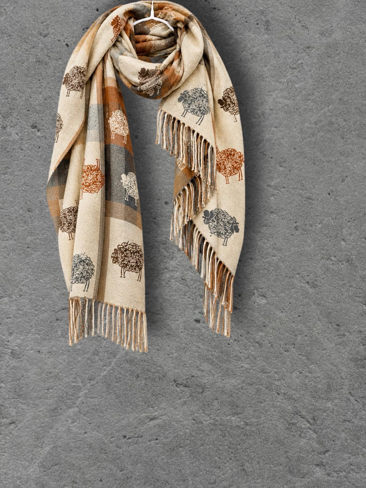 Cream Sheep Reversible Winter Scarf, Rustic Farm Animal Print, Checked Warm Wrap, Soft Autumn Accessory, Cosy Gift for Her