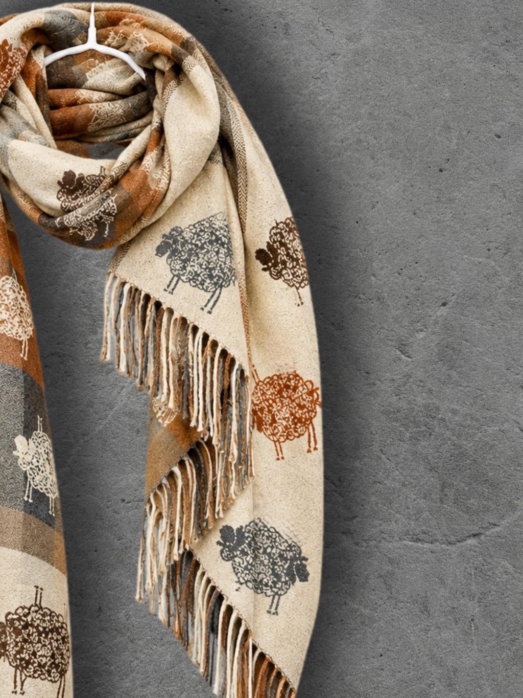 Cream Sheep Reversible Winter Scarf, Rustic Farm Animal Print, Checked Warm Wrap, Soft Autumn Accessory, Cosy Gift for Her
